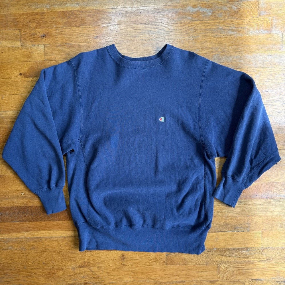 Vintage 1980s Champion Reverse Weave Crewneck Men's Large Blue Blank Faded